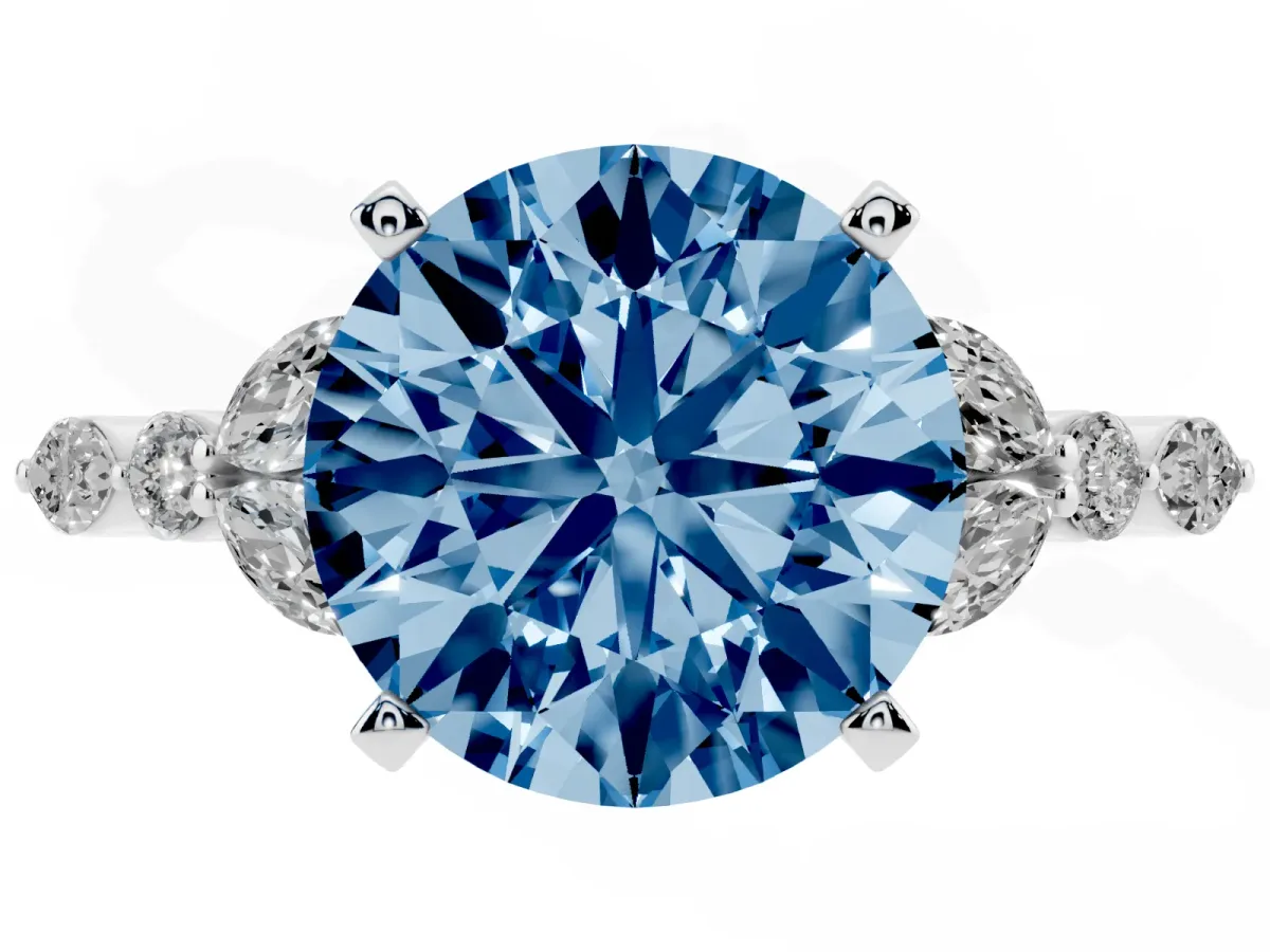 Fancy Blue Round Cut Diamond Solitaire Ring with Side Stones and Four-Prong Setting White gold
