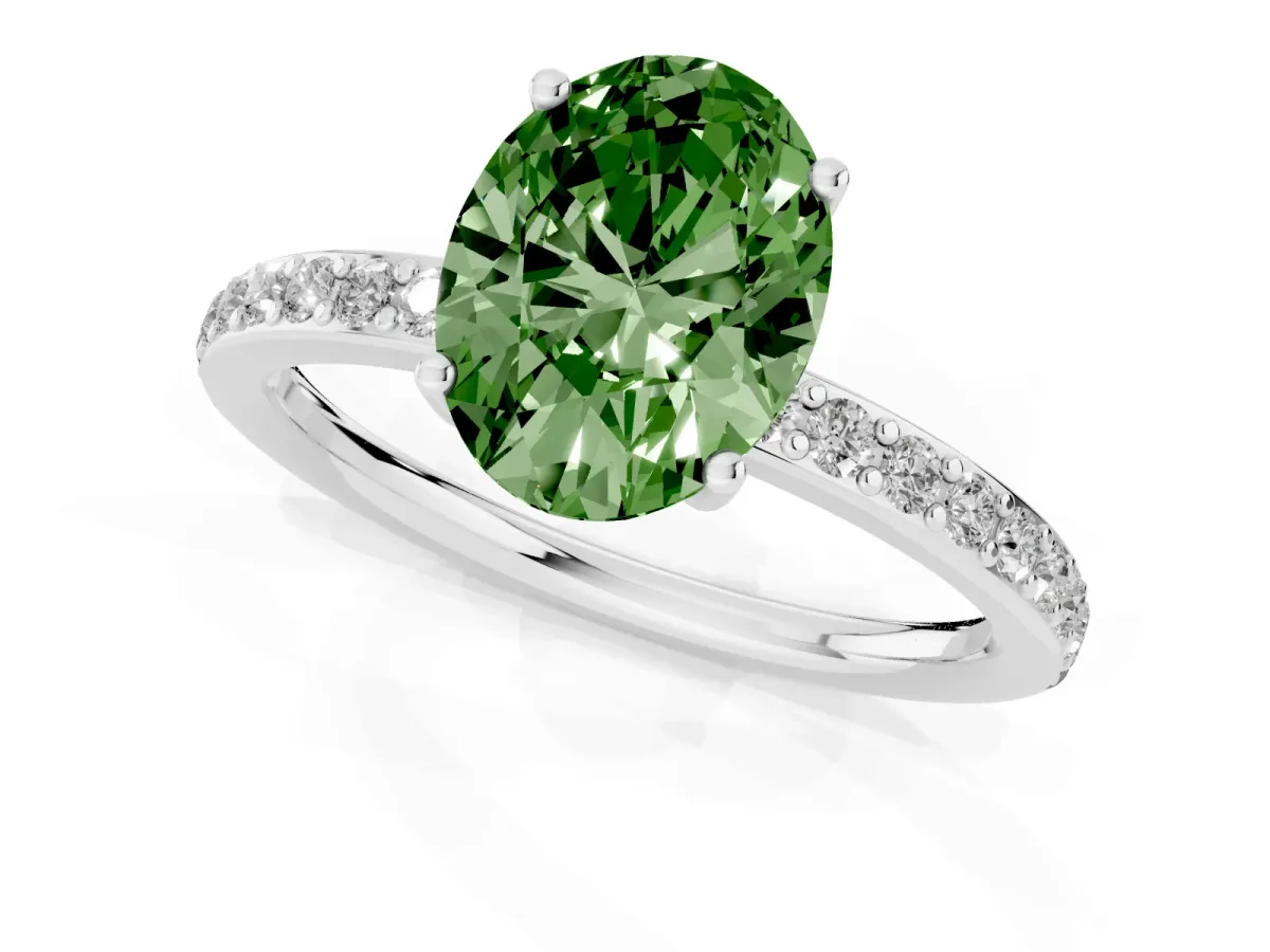 Fancy Green Oval Cut Cut Diamond Pavé Band Ring with Four-Prong Setting Platinum