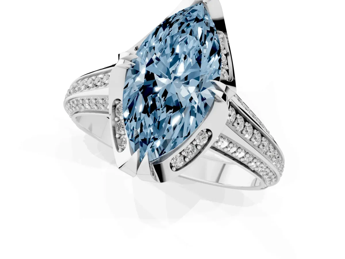 Fancy Blue Marquise Cut Solitaire Pave Split Shank Ring with Four-Prong Setting White gold
