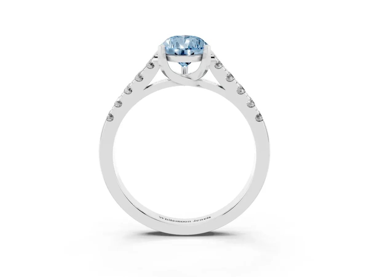 Fancy Blue Pear Cut Diamond Pavé Band Solitaire Ring with Prong Setting Platinum