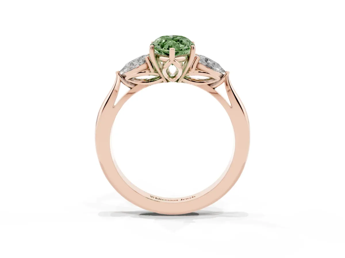 Fancy Green Three-Stone Marquise Cut Diamond Ring with Pear Side Stones in Four-Prong Setting Rose gold