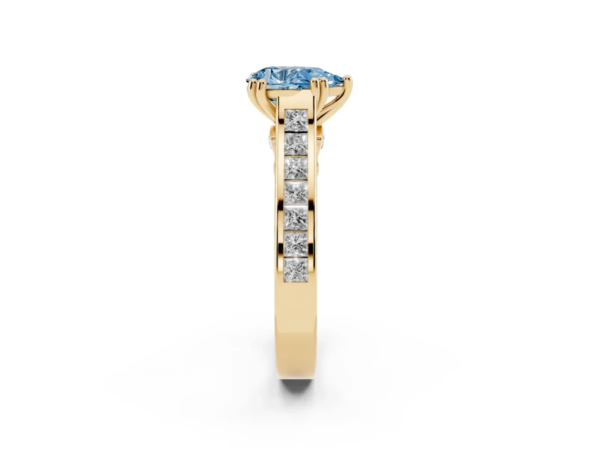 Fancy Blue Pear Cut Cut Channel Set Solitaire Engagement Ring with Prong Setting Yellow gold