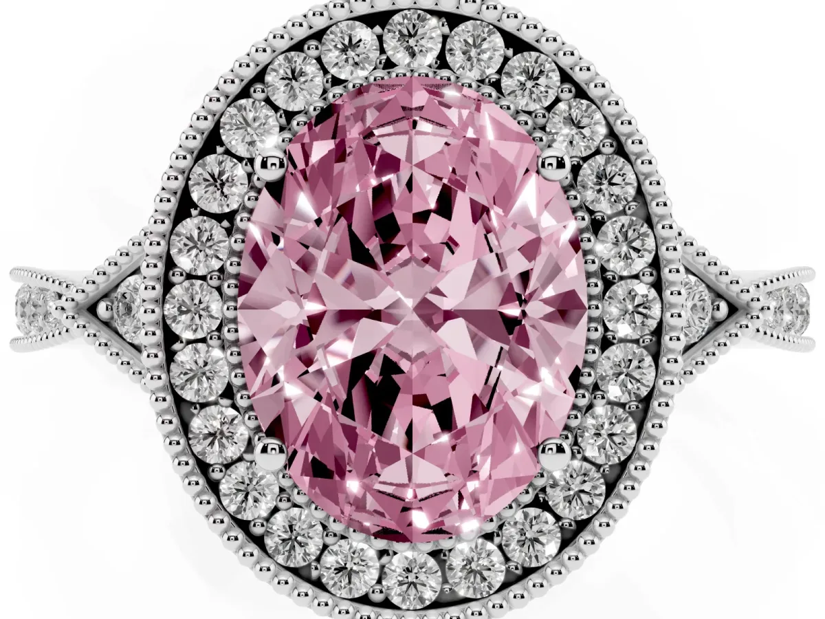 Fancy Pink Oval Cut Halo Round Diamond Milgrain Pave Engagement Ring Silver