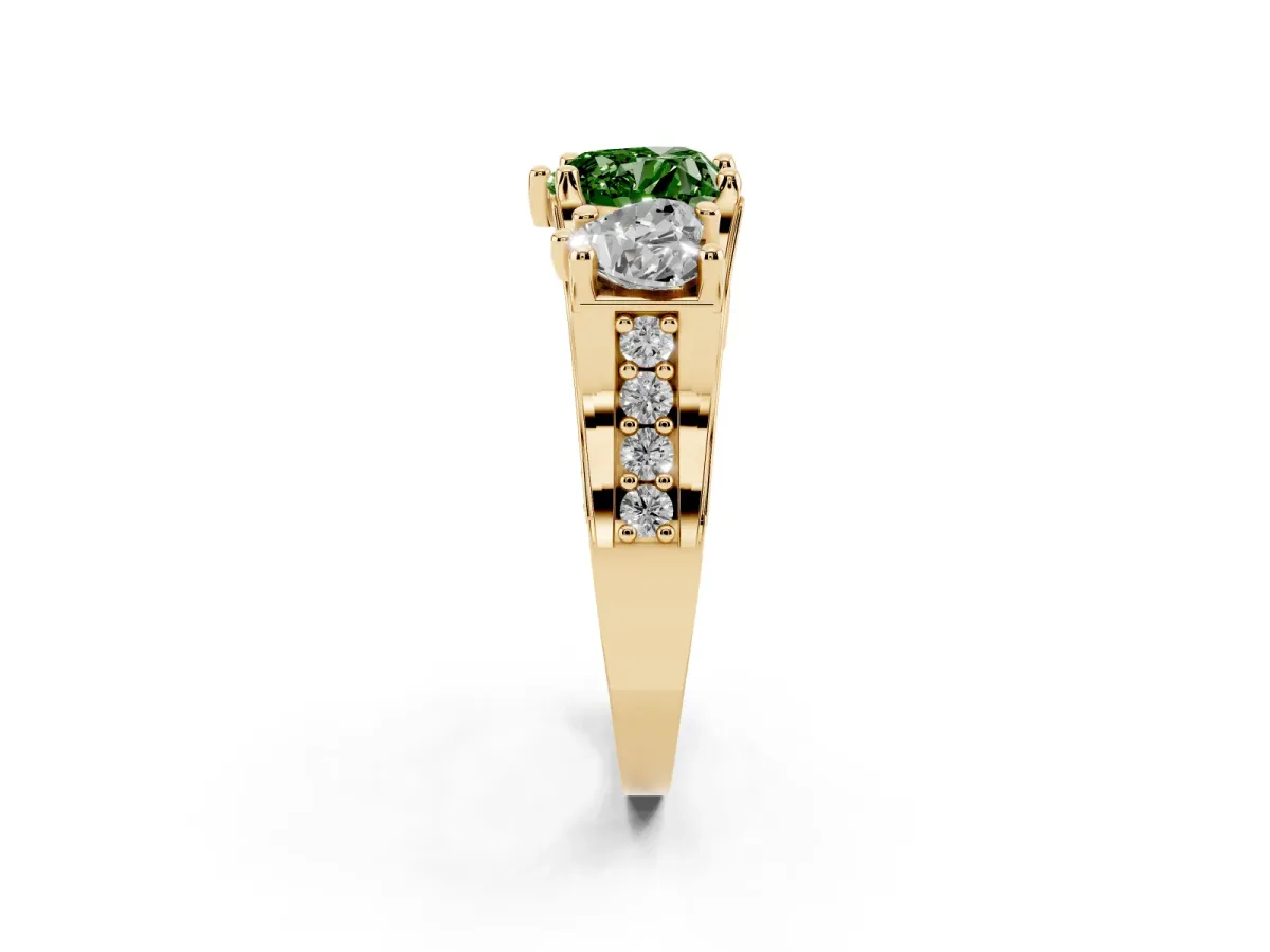 Fancy Green Heart Cut Diamond Three-Stone Ring with Channel Set Band and Four-Prong Setting Yellow gold