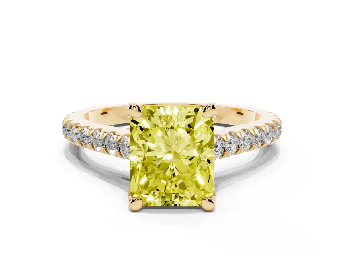 Fancy Yellow Radiant Cut Brilliant Diamond Solitaire with Pavé Band and Four-Prong Setting Yellow gold