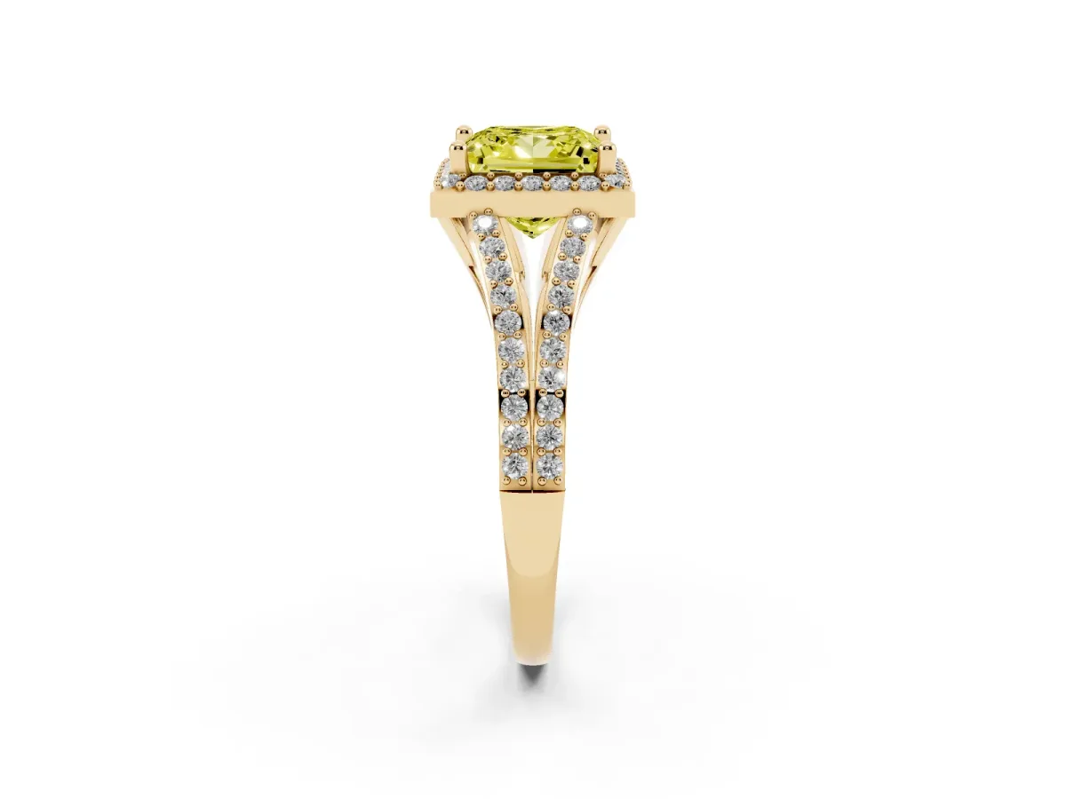 Fancy Yellow Princess Cut Halo Split Shank Diamond Ring with Prong Setting Yellow gold
