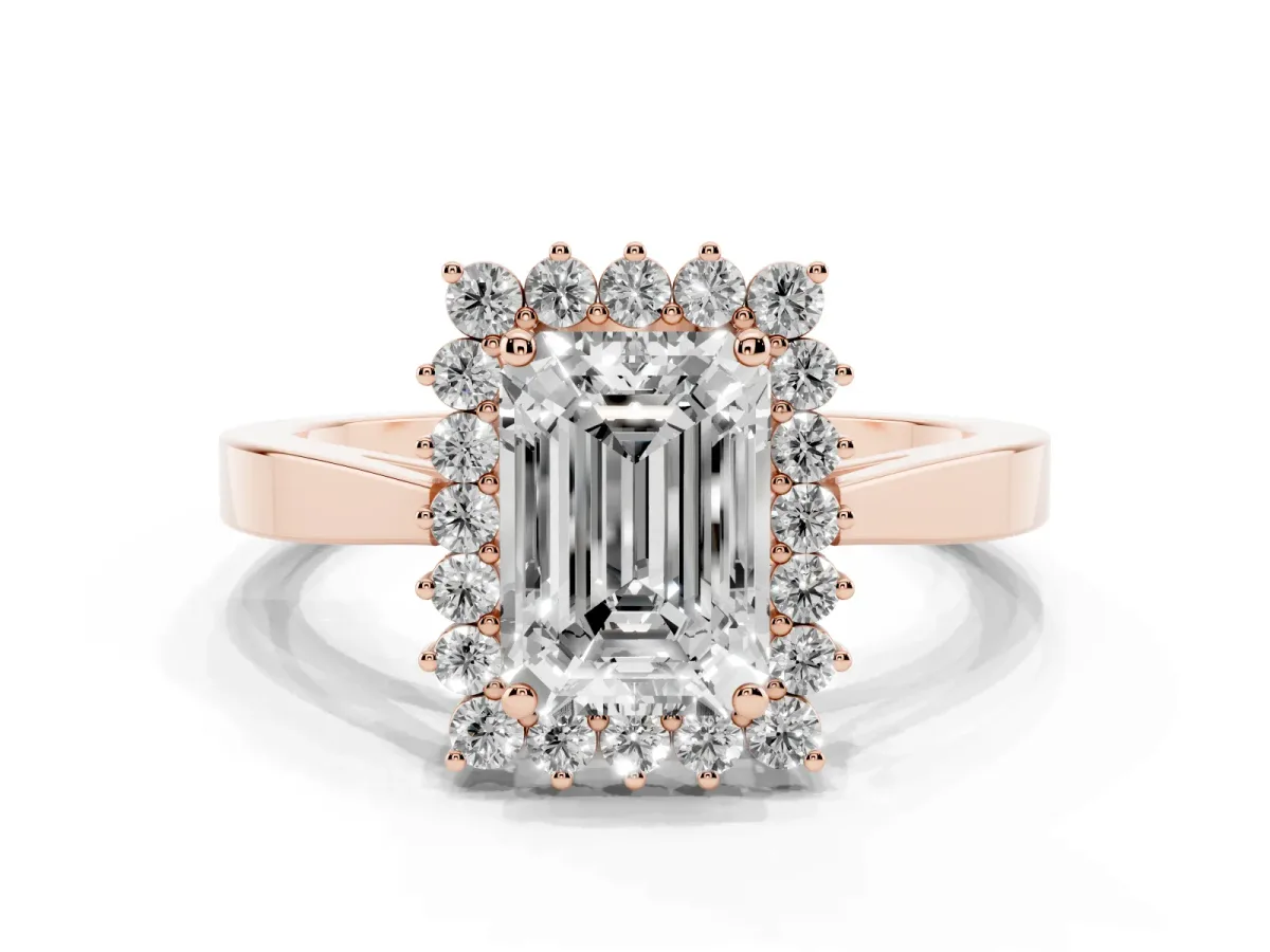 Emerald Cut Cut Diamond Halo Ring with Round Brilliant Halo and Solitaire Band Rose gold