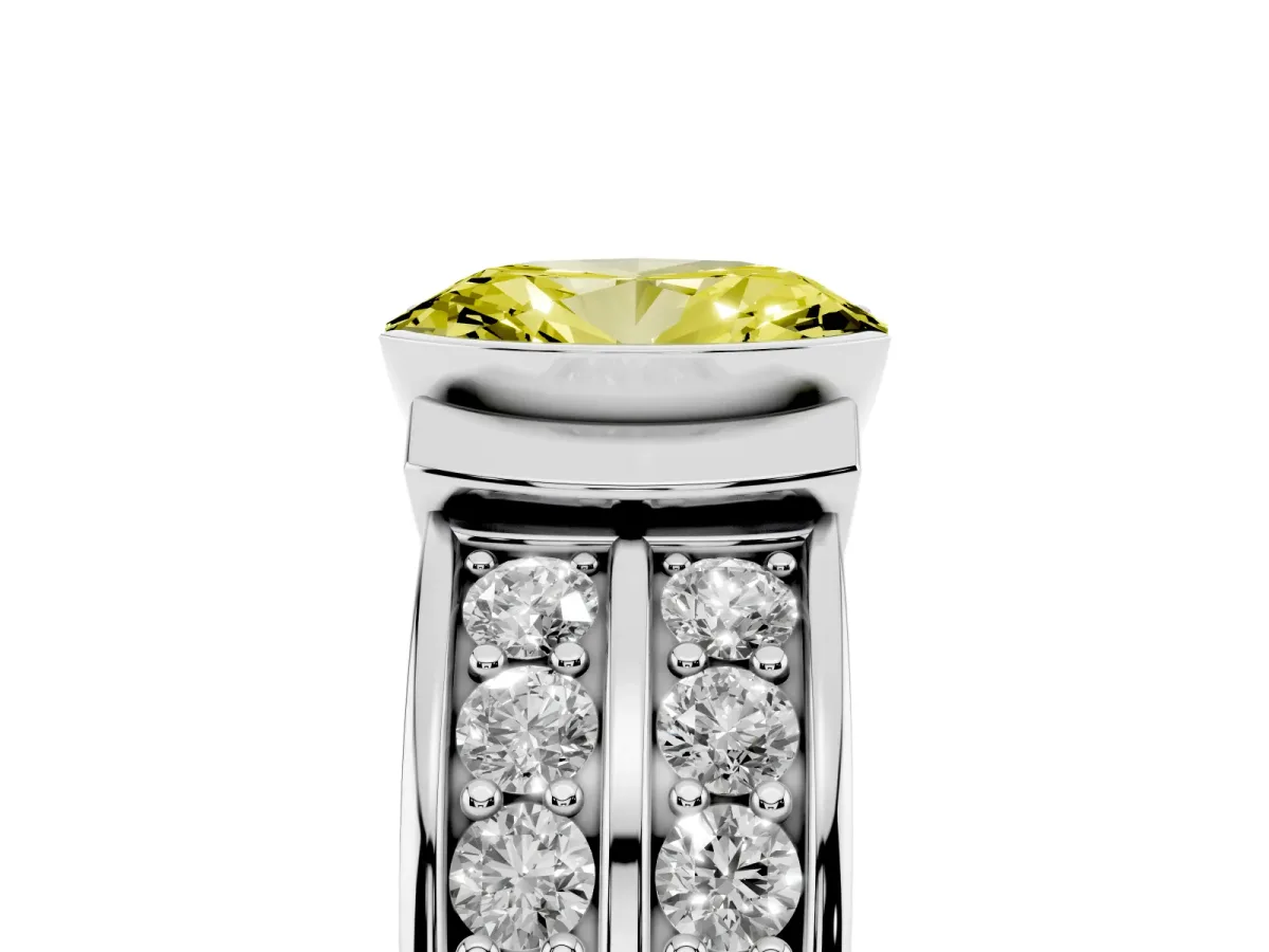Fancy Yellow Oval Cut Brilliant Diamond Channel Set Wide Band Ring with Bezel Setting Platinum
