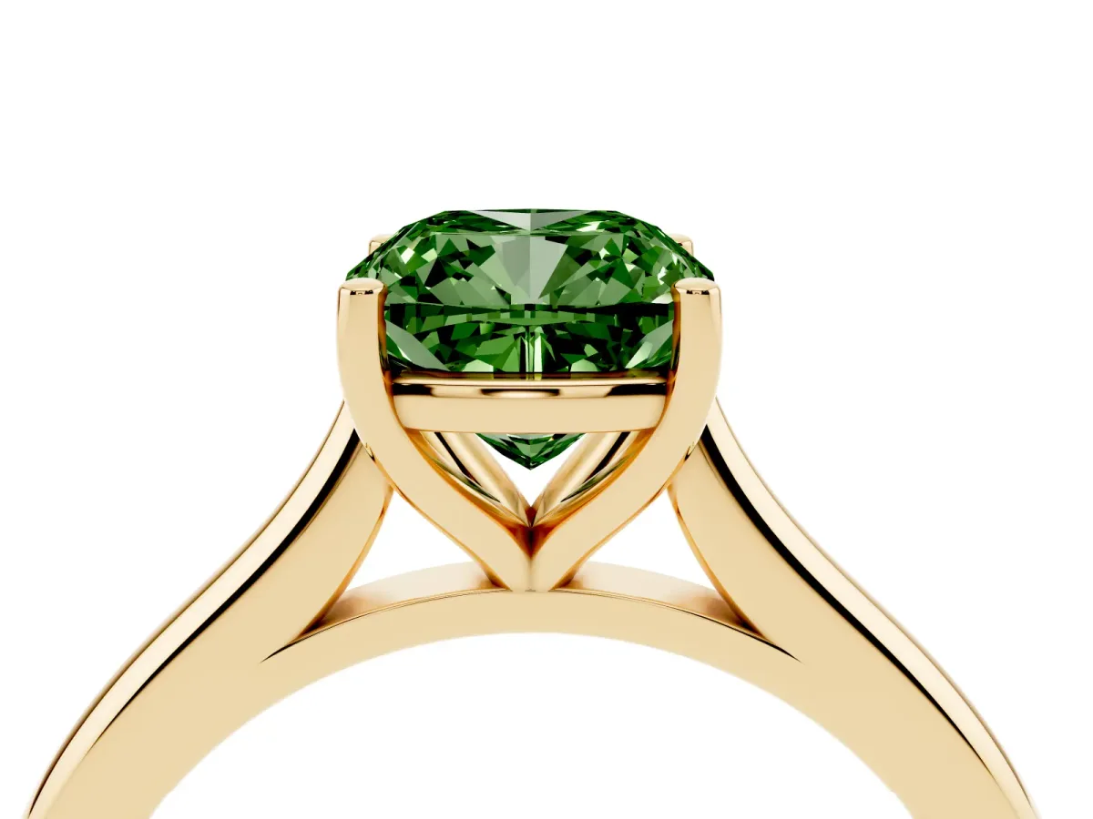 Fancy Green Cushion Cut Cut Solitaire Ring with Cathedral Band and Four-Prong Setting Yellow gold