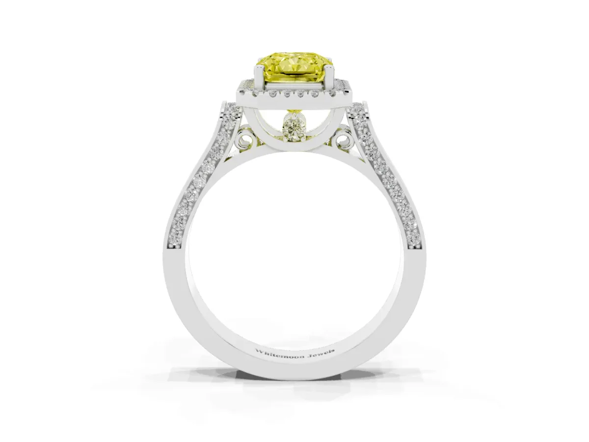 Fancy Yellow Radiant Cut Halo Round Diamond Twist Band with Four-Prong Setting White gold