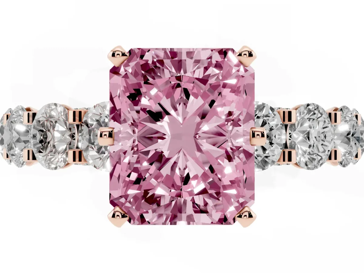 Fancy Pink Radiant Cut Diamond Side Stone Engagement Ring with Four-Prong Setting Rose gold