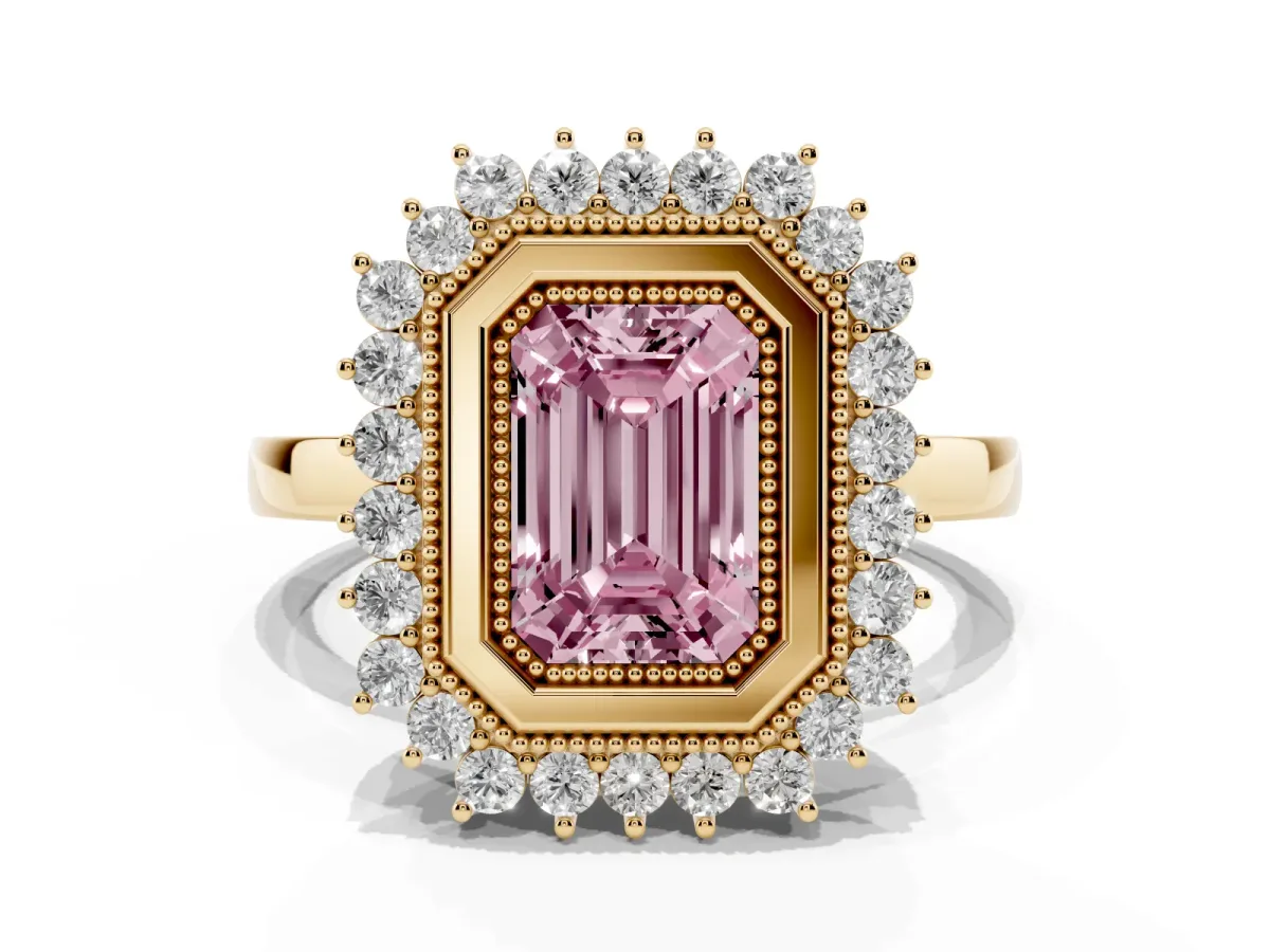 Fancy Pink Emerald Cut Halo Diamond Ring with Milgrain Edge and Round Prong Setting Yellow gold