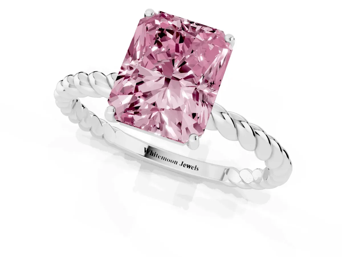 Fancy Pink Radiant Cut Solitaire Twist Band Ring with Four-Prong Setting Platinum