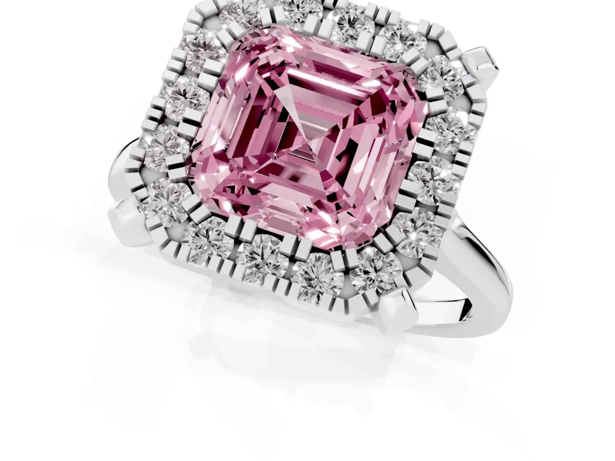 Fancy Pink Asscher Cut Diamond Cluster Halo Solitaire with Four-Prong Setting Platinum