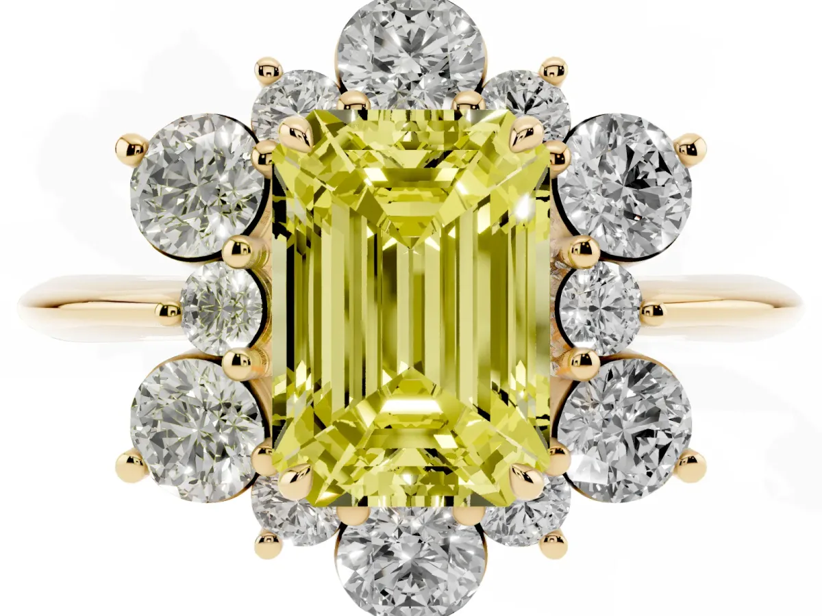 Fancy Yellow Emerald Cut Diamond Cluster Halo Ring with Solitaire Band and Four-Prong Setting Yellow gold
