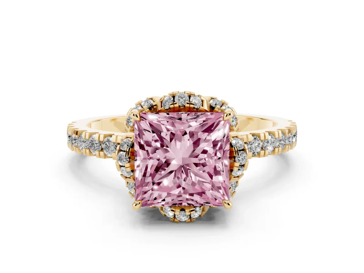 Fancy Pink Princess Cut Diamond Halo Pave Band with Four-Prong Setting Yellow gold