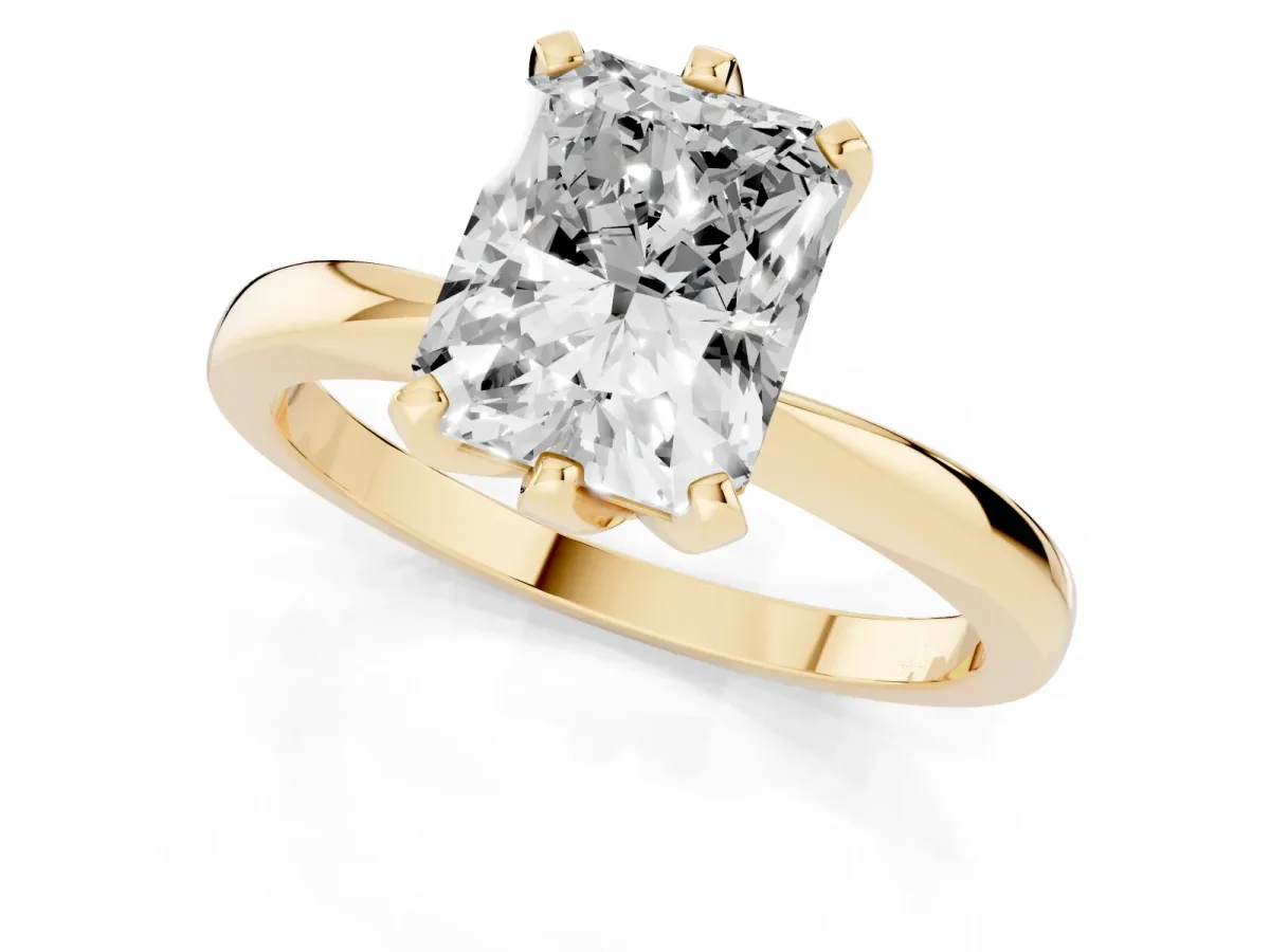 Radiant Cut Solitaire Engagement Ring with Six-Prong Setting and Tapered Band Yellow gold