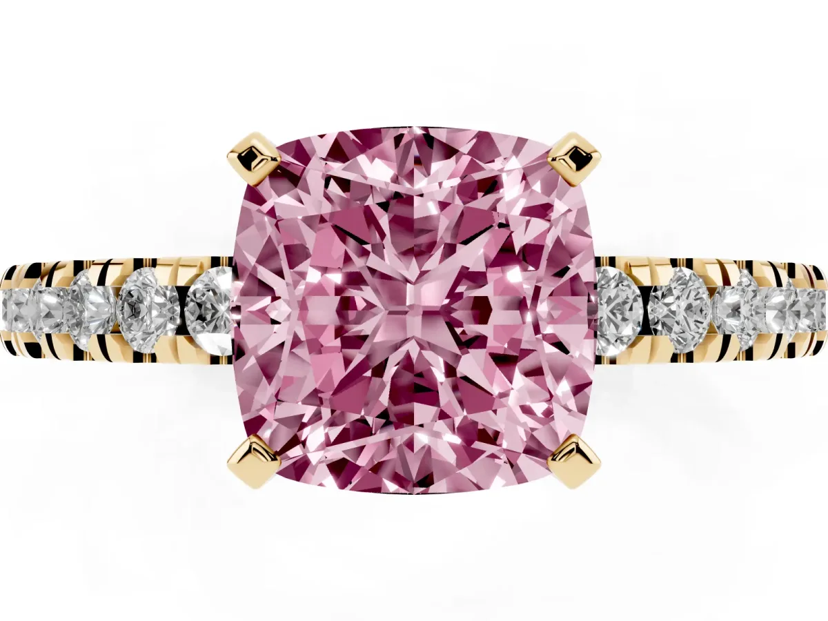 Fancy Pink Cushion Cut Solitaire Diamond with Pavé Band and Four-Prong Setting Yellow gold