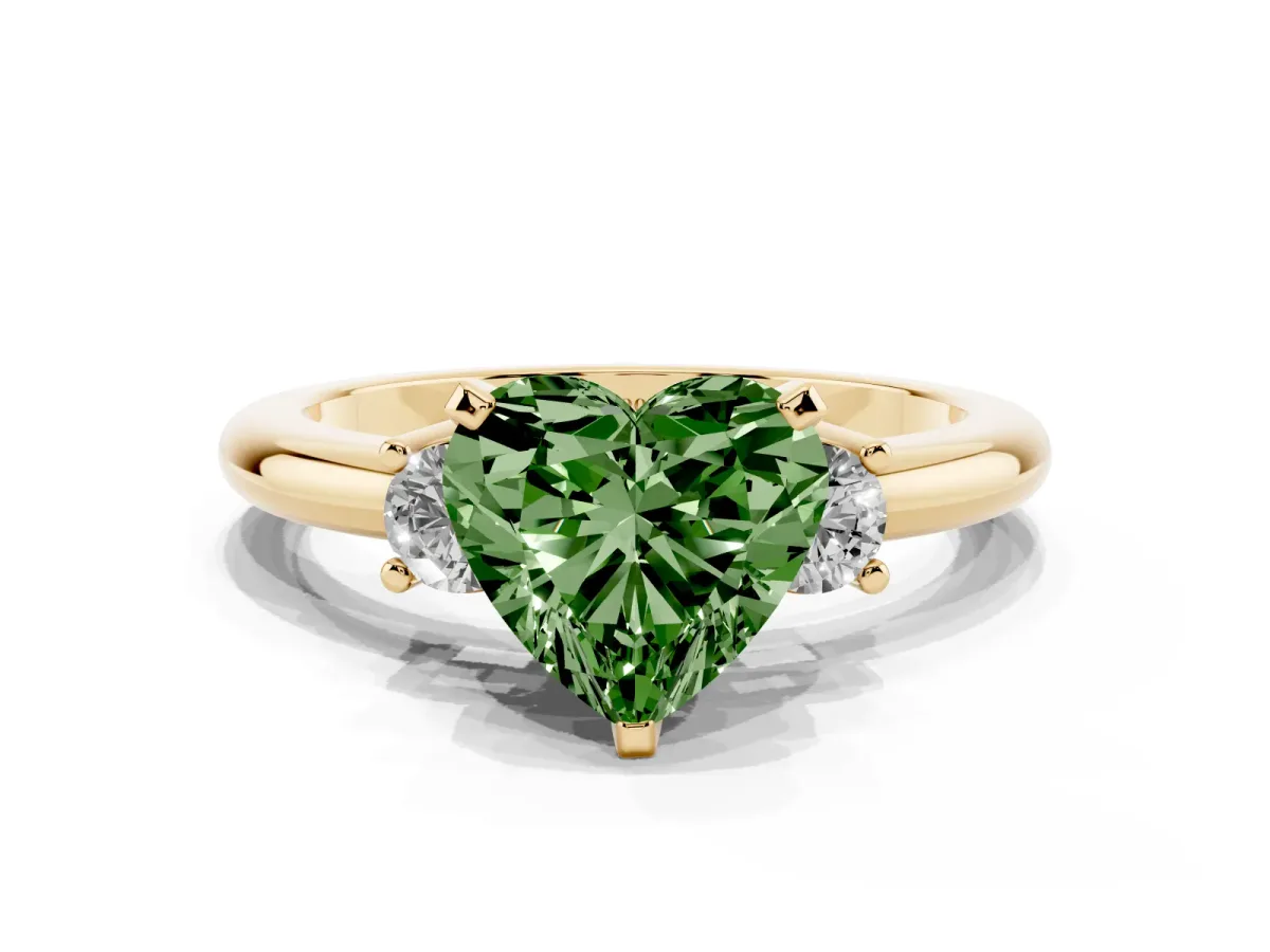 Fancy Green Three-Stone Heart Cut Cut Diamond Solitaire with Prong Setting and Classic Band Yellow gold