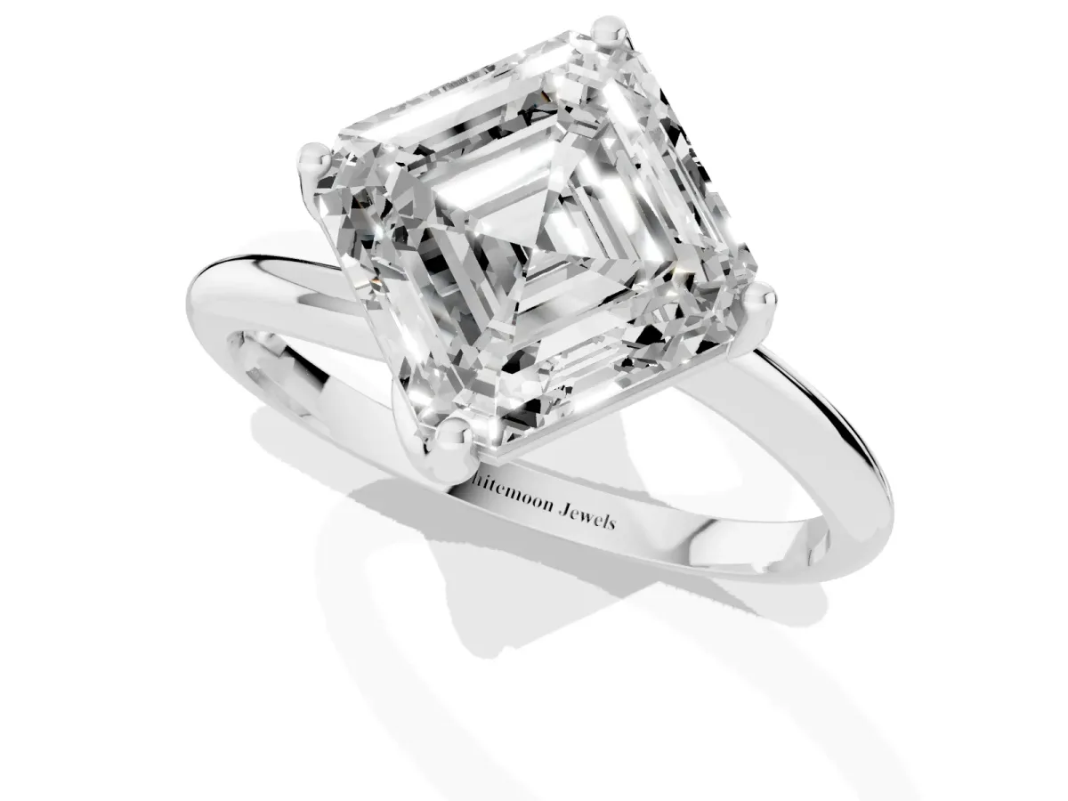Asscher Cut Diamond Solitaire Engagement Ring with Four-Prong Setting and Classic Band Silver