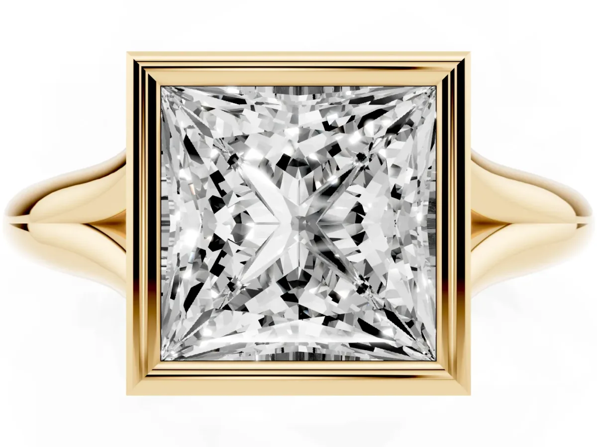 Bezel Set Princess Cut Solitaire Diamond Ring with Smooth Band Yellow gold