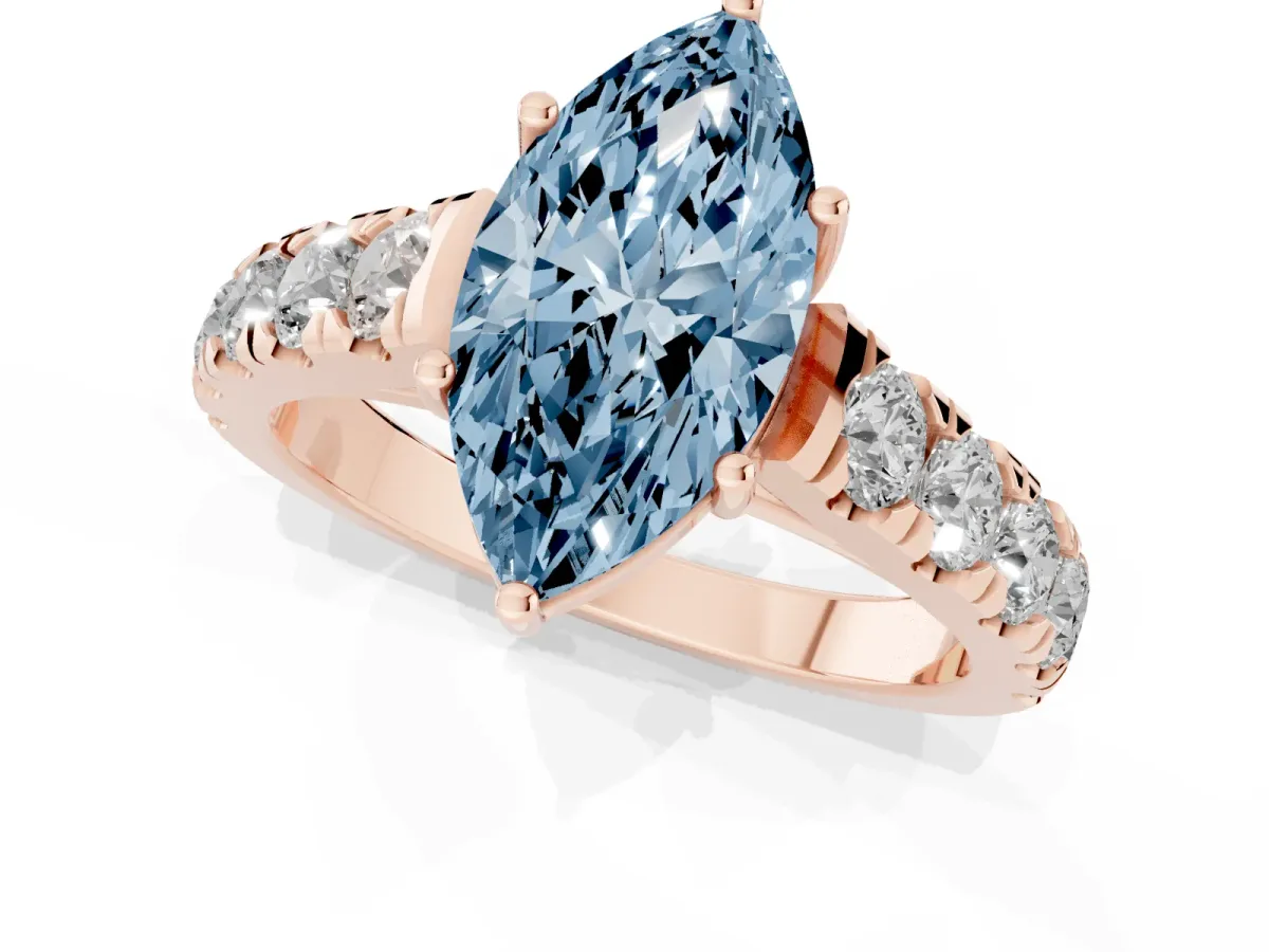 Fancy Blue Marquise Cut Cut Diamond Solitaire Ring with Micro Pave Band and Prong Setting Rose gold