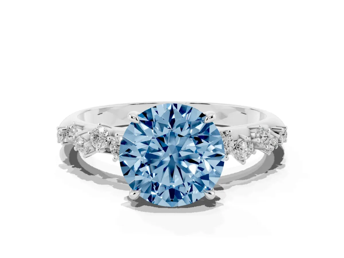 Fancy Blue Round Cut Diamond Cluster Side Stone Solitaire Ring with Prong Setting Silver