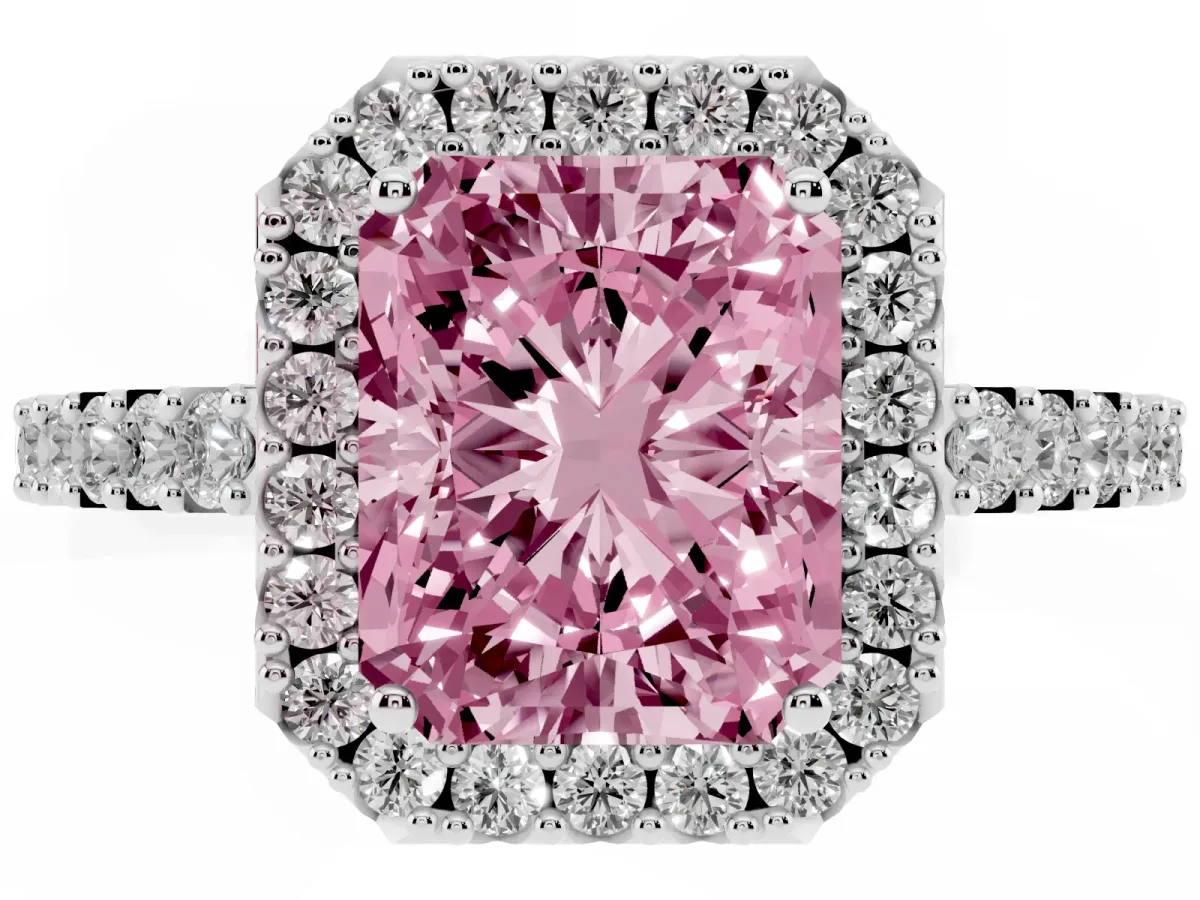 Fancy Pink Radiant Cut Halo Diamond Pavé Solitaire Ring Platinum