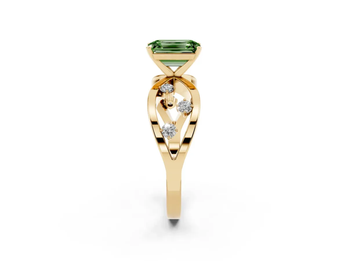 Fancy Green Emerald Cut Cut Solitaire Diamond with Side Stones on Criss-Cross Band and Four-Prong Setting Yellow gold