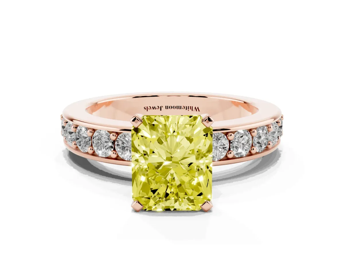 Fancy Yellow Radiant Cut Diamond Engagement Ring with Channel Set Round Band and Prong Setting Rose gold