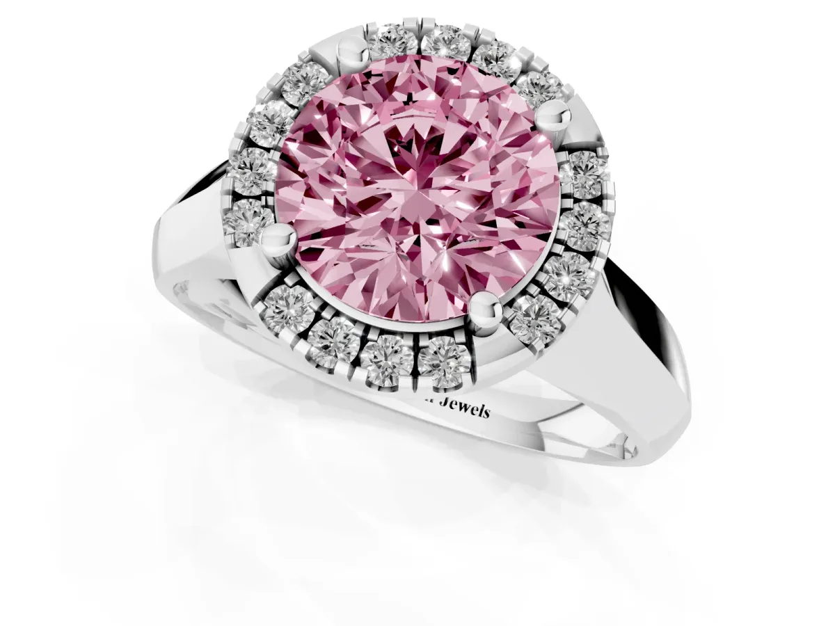 Fancy Pink Round Cut Cut Halo Solitaire Engagement Ring with Square Band and Four-Prong Setting Silver