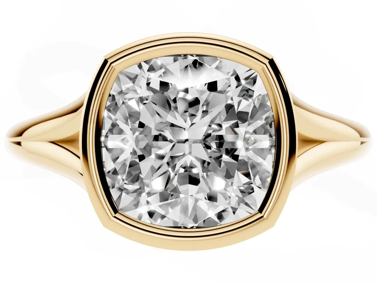 Bezel Set Cushion Cut Cut Solitaire Ring with Tapered Band Yellow gold