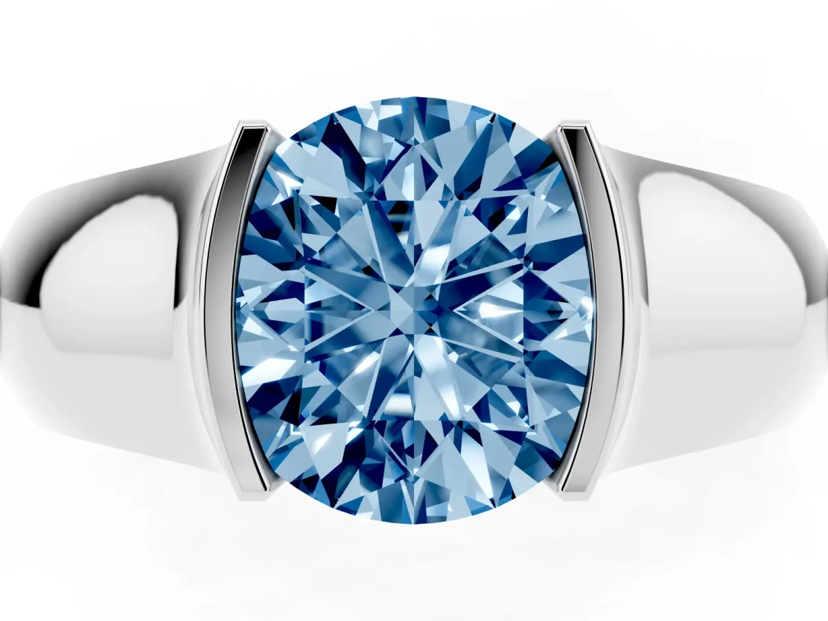 Fancy Blue Round Cut Solitaire Bezel Set Diamond Ring with Wide Band Silver