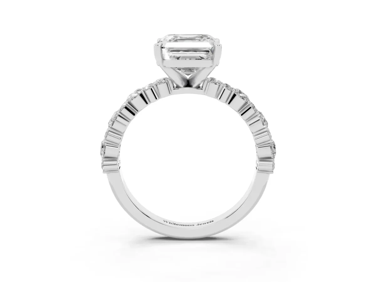 Asscher Cut Diamond Side Stone Solitaire Ring with Round and Four-Prong Setting Silver