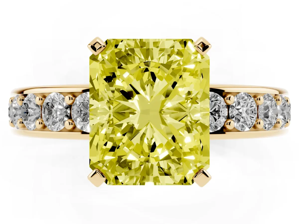 Fancy Yellow Radiant Cut Diamond Engagement Ring with Channel Set Round Band and Prong Setting Yellow gold