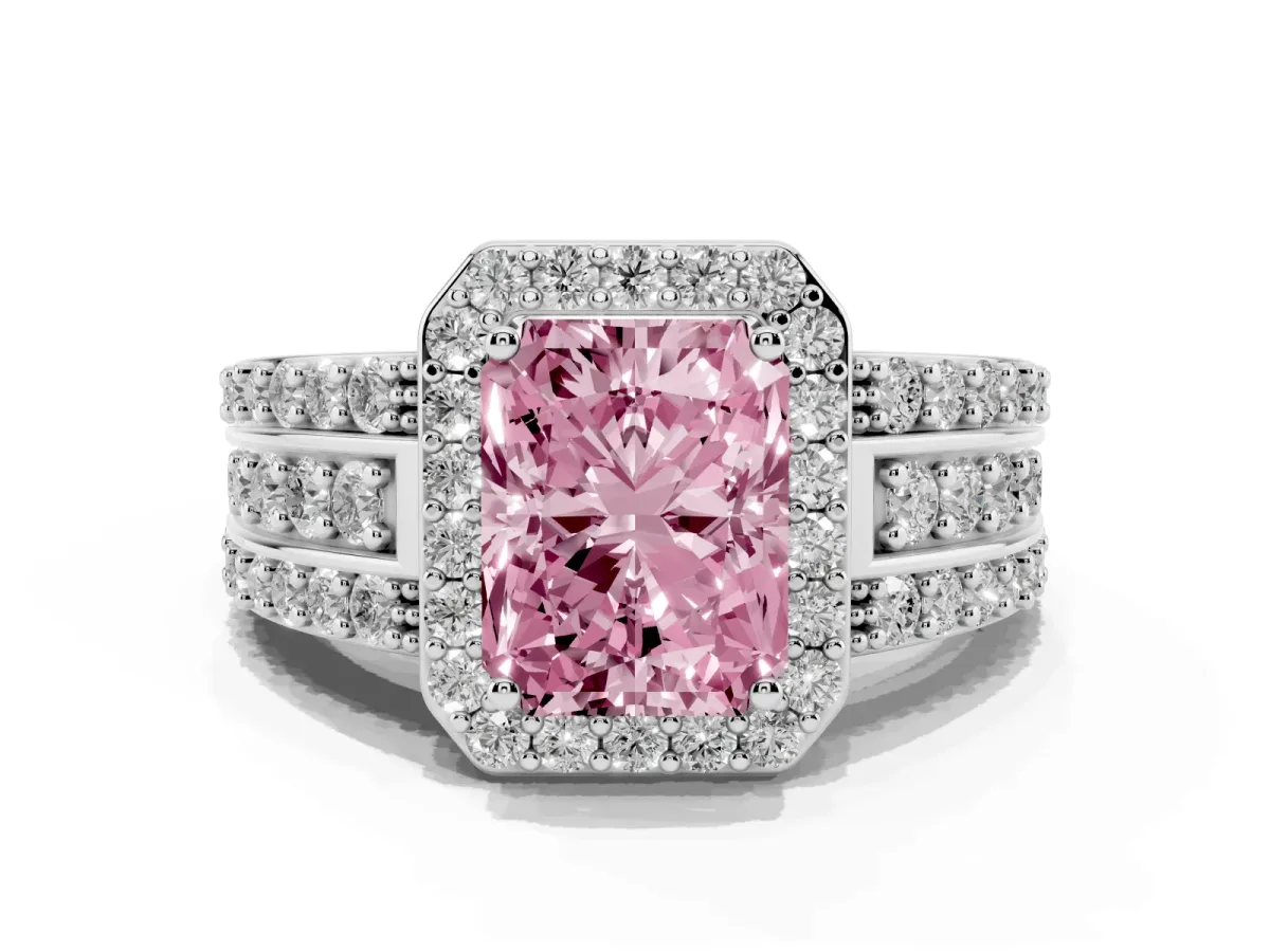 Fancy Pink Radiant Cut Halo Diamond Ring with Round Split Shank and Prong Setting Platinum