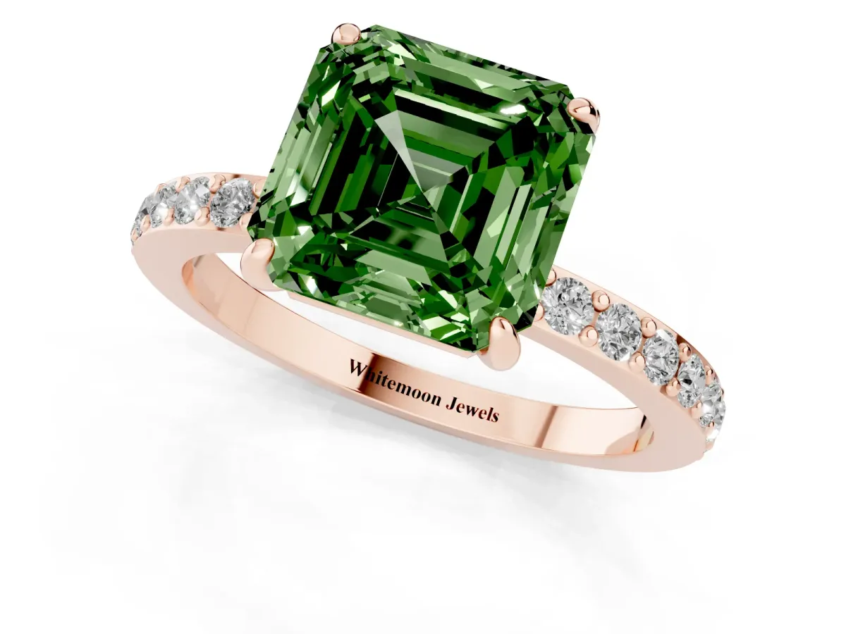 Fancy Green Asscher Cut Diamond Pavé Engagement Ring with Round Accents and Prong Setting Rose gold