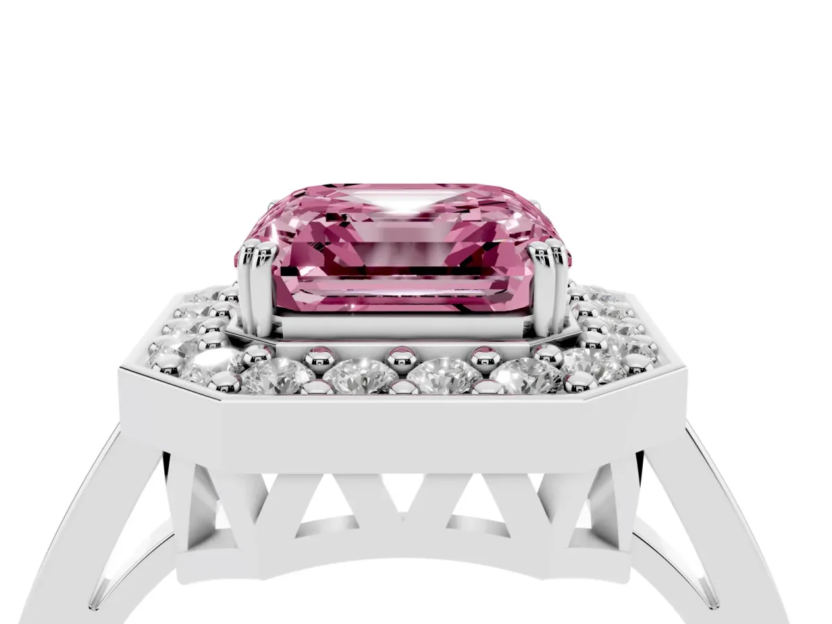 Fancy Pink Asscher Cut Diamond Halo Ring with Split Shank and Four-Prong Setting Silver