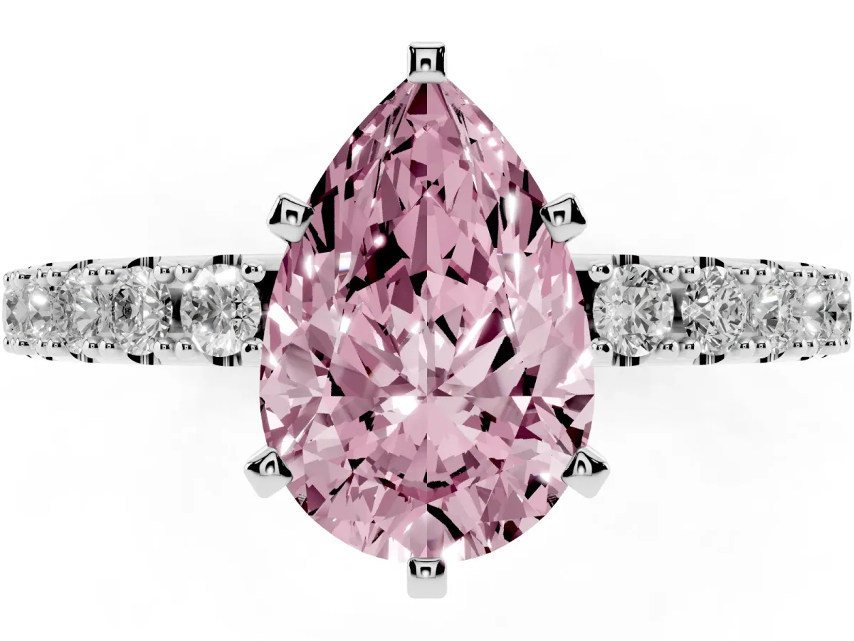 Fancy Pink Pear Cut Diamond Solitaire Pavé Band with Four-Prong Setting Silver