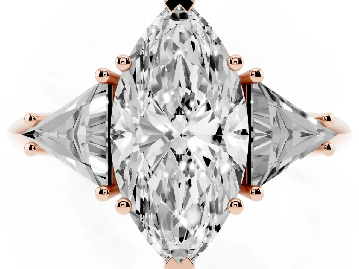 Three-Stone Marquise Cut Diamond Engagement Ring with Trillion Side Stones and Prong Setting Rose gold
