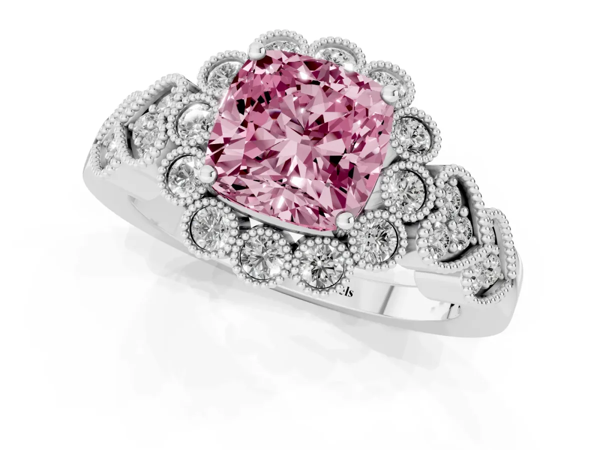 Fancy Pink Cushion Cut Brilliant Milgrain Pave Heart Band Solitaire Ring Silver