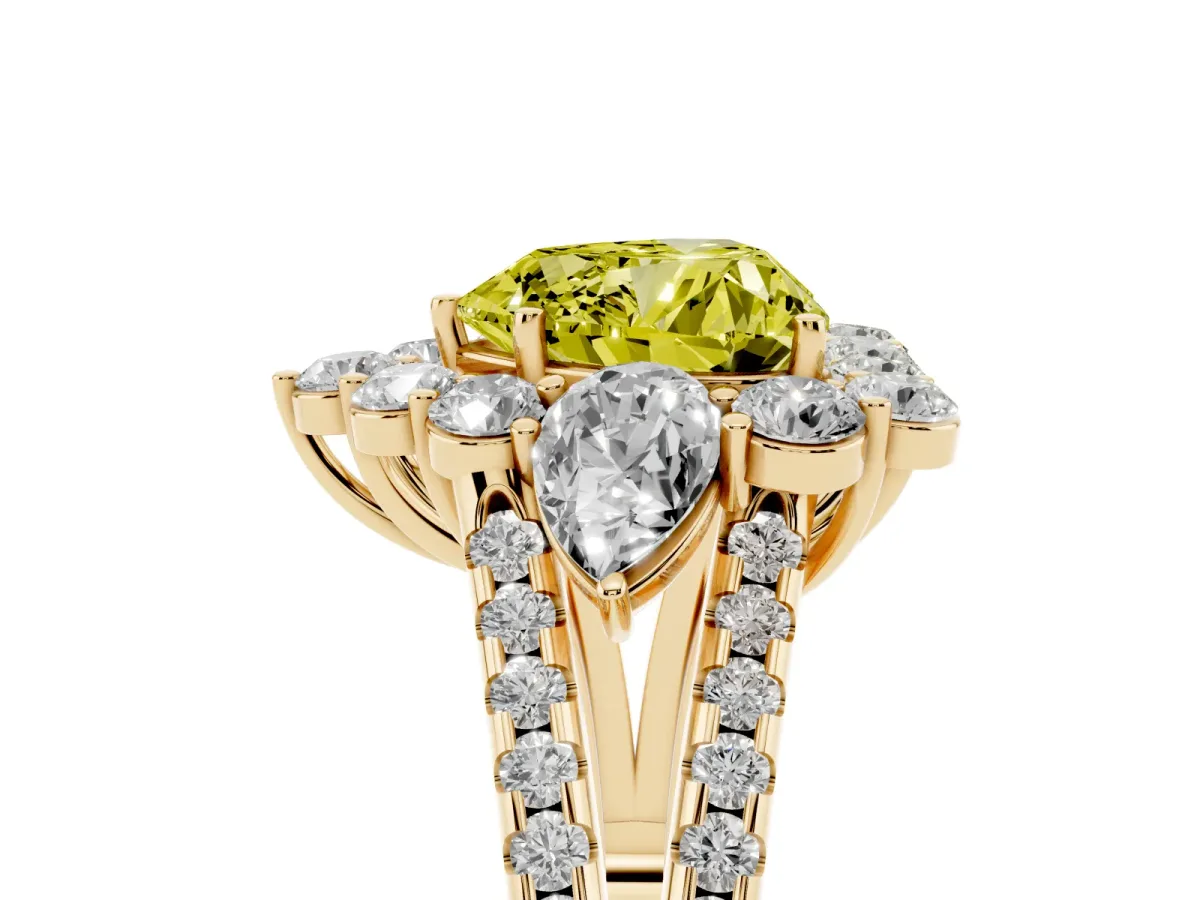 Fancy Yellow Heart Cut Halo Split Shank Diamond Engagement Ring with Prong Setting Yellow gold