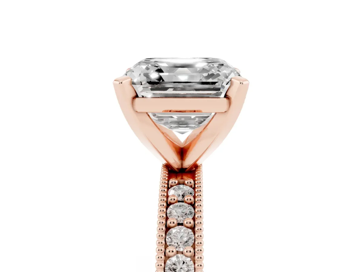Asscher Cut Diamond Milgrain Pavé Engagement Ring with Four-Prong Setting Rose gold