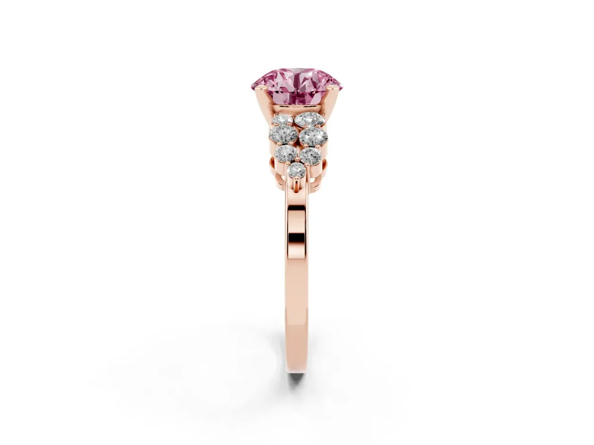 Fancy Pink Round Cut Cluster Diamond Engagement Ring with Pavé Band and Four-Prong Setting Rose gold