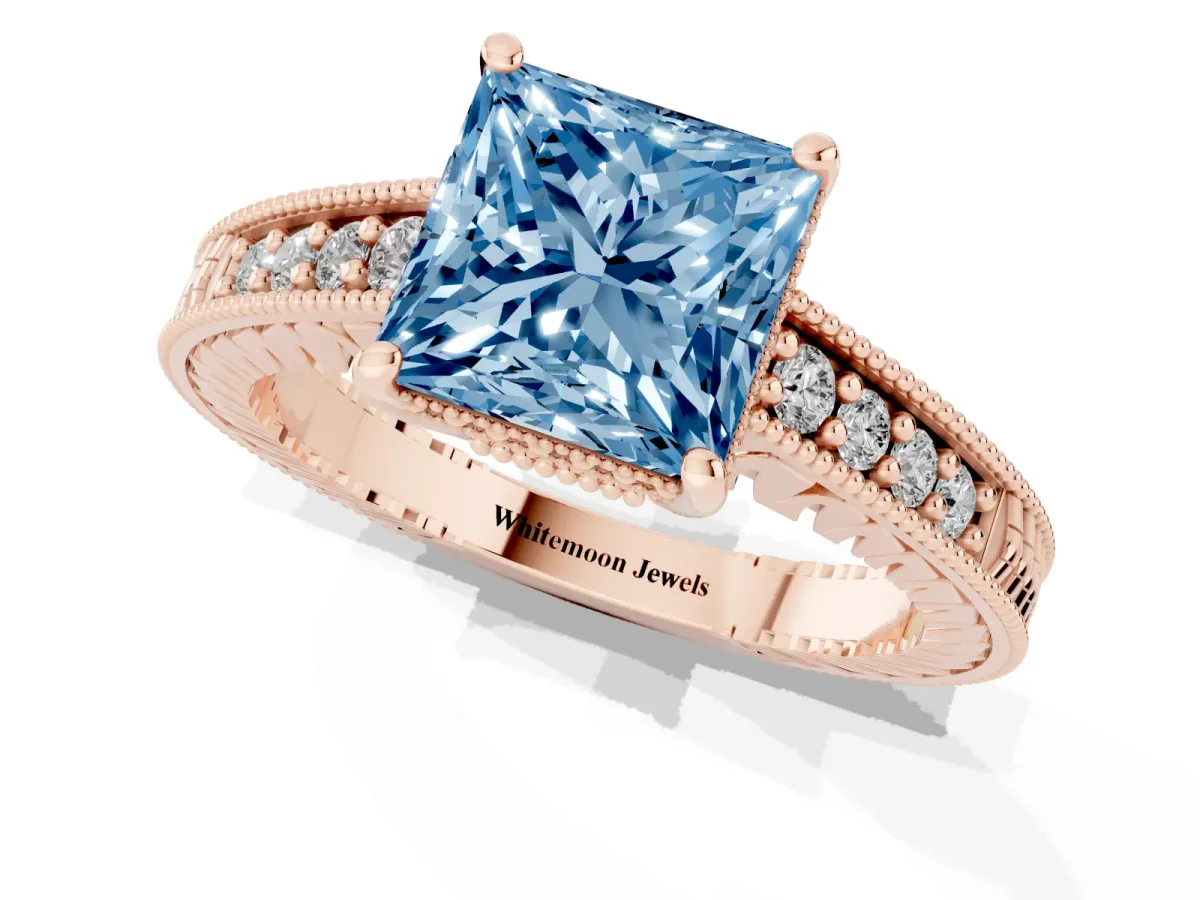 Fancy Blue Princess Cut Solitaire Pavé Diamond Milgrain Engagement Ring with Four-Prong Setting Rose gold
