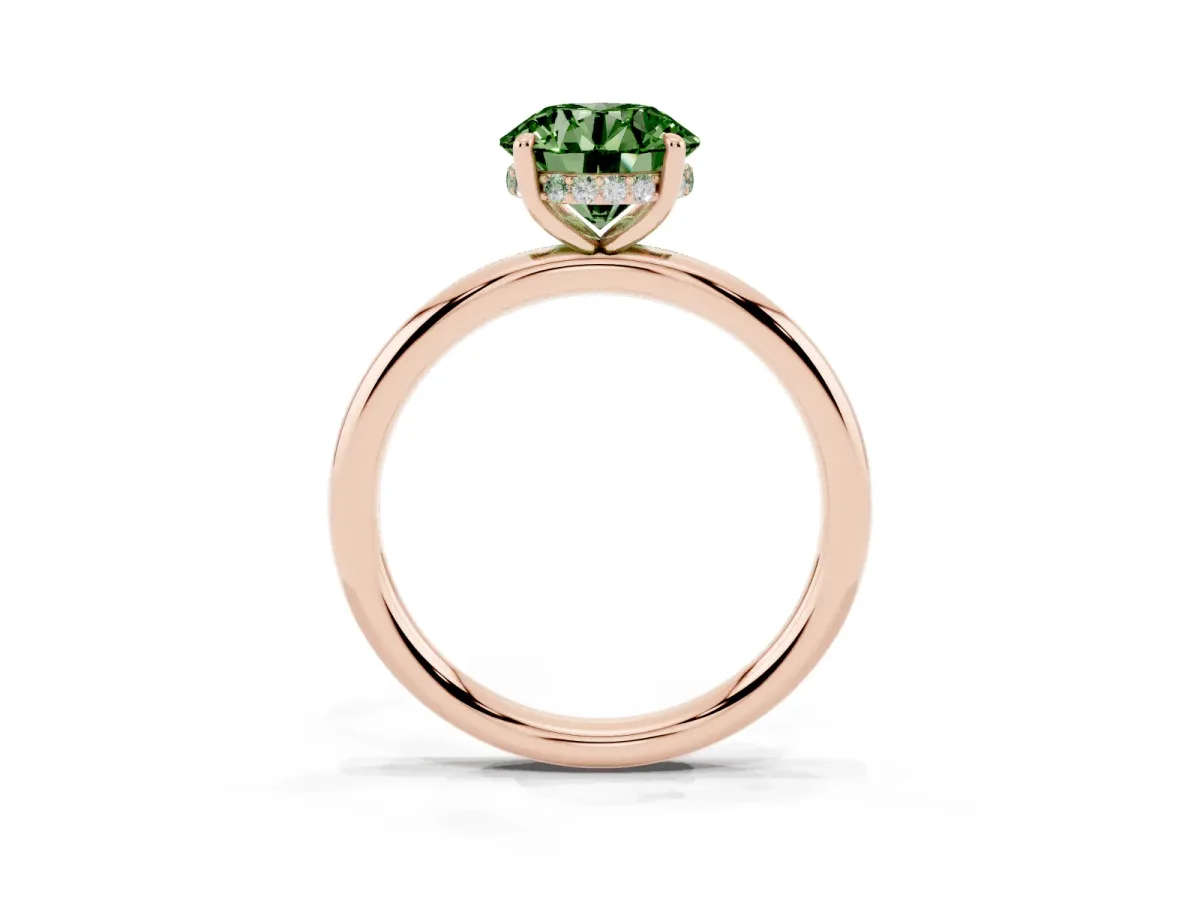 Fancy Green Round Cut Diamond Solitaire Ring with Thin Band and Four-Prong Setting Rose gold