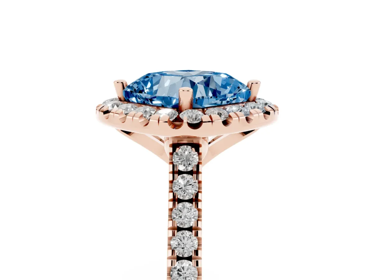Fancy Blue Cushion Cut Diamond Cushion Halo Ring with Pavé Band Rose gold