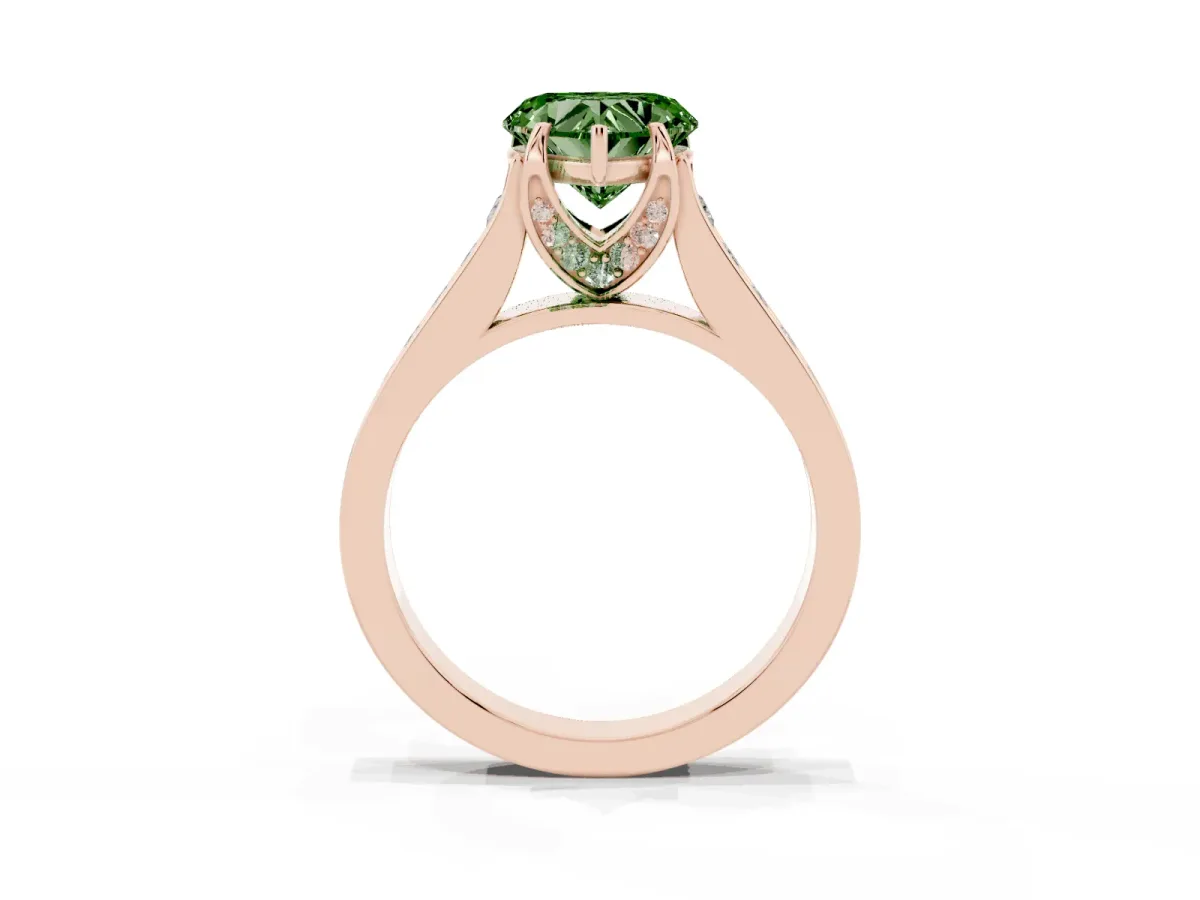 Fancy Green Heart Cut Brilliant Cut Diamond Engagement Ring with Pavé Band and Four-Prong Setting Rose gold