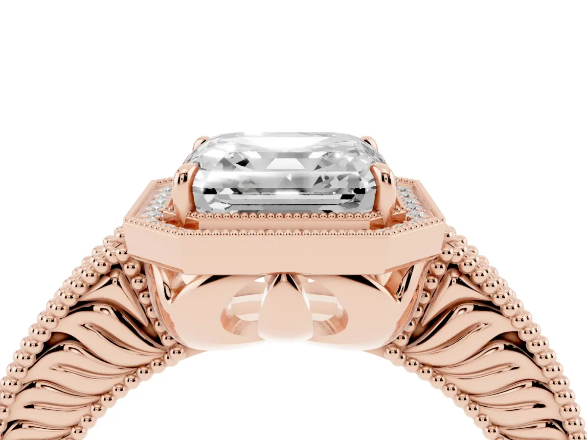 Asscher Cut Cut Halo Diamond Ring with Pavé Band and Four-Prong Setting Rose gold