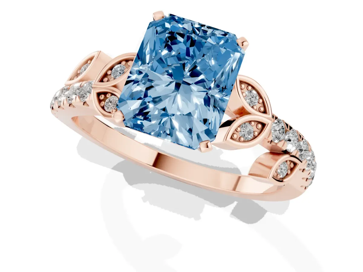 Fancy Blue Radiant Cut Solitaire Leaf-Inspired Diamond Ring with Pavé Band and Four-Prong Setting Rose gold